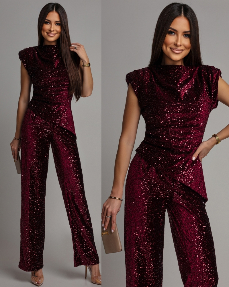 Komplet bluzka oraz spodnie cekinowy bordowy