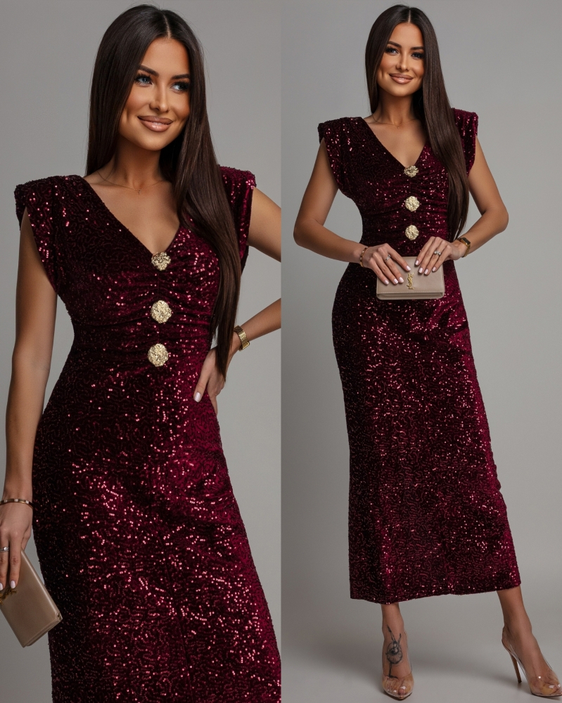 Sukienka midi  z ozdobnymi broszkami cekinowa bordowa