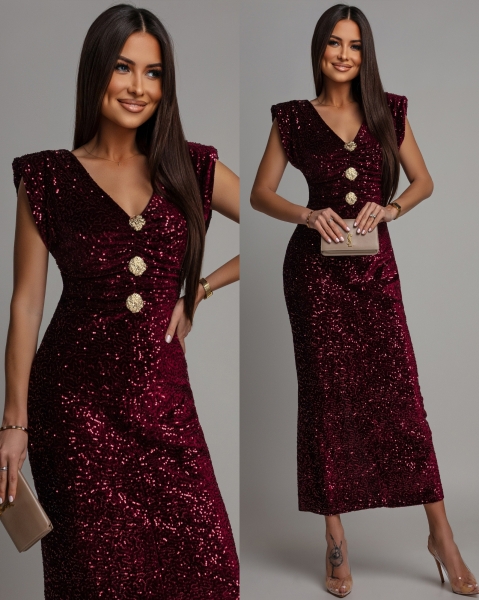 Sukienka midi  z ozdobnymi broszkami cekinowa bordowa