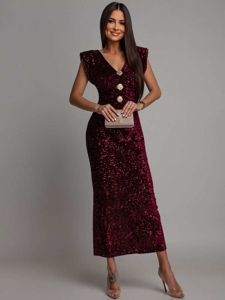 Sukienka midi  z ozdobnymi broszkami cekinowa bordowa