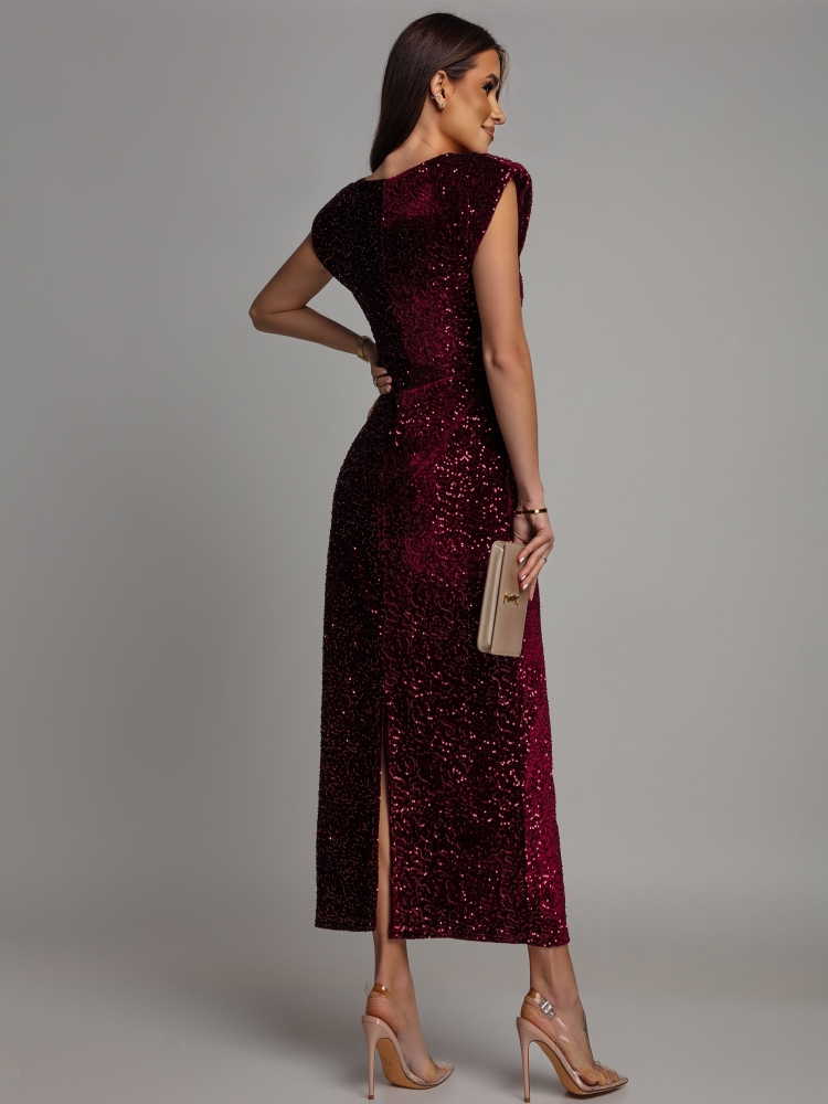 Sukienka midi  z ozdobnymi broszkami cekinowa bordowa