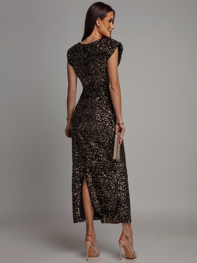 Sukienka midi  z ozdobnymi broszkami cekinowa złota