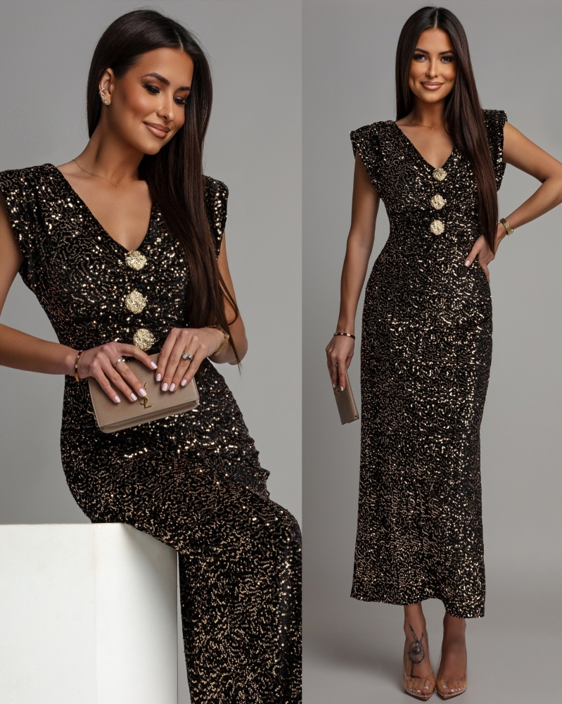 Sukienka midi  z ozdobnymi broszkami cekinowa złota