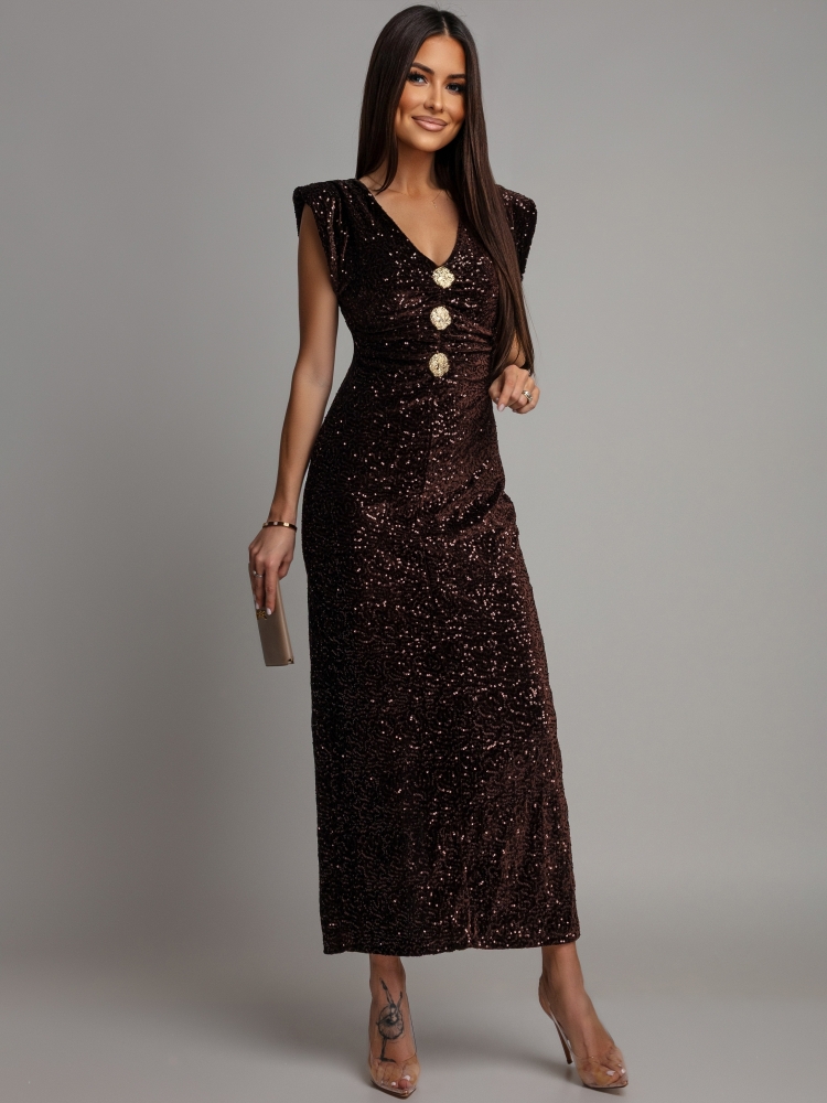 Sukienka midi  z ozdobnymi broszkami cekinowa czekoladowa