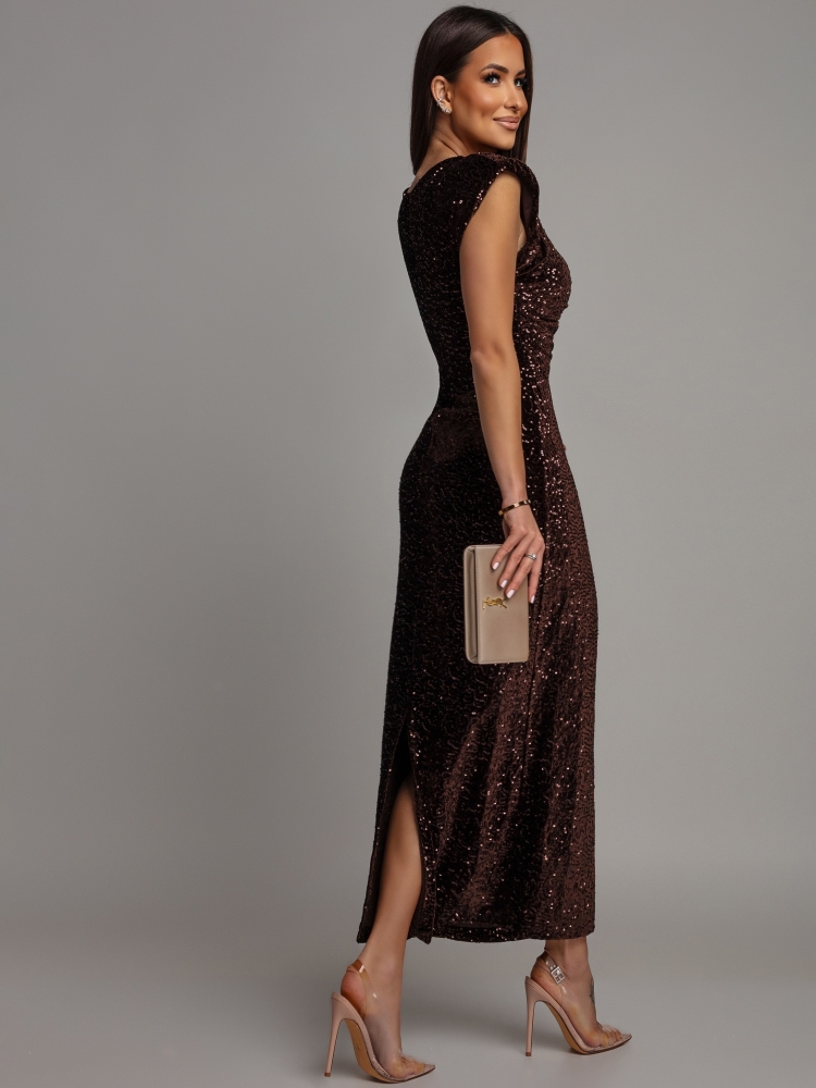 Sukienka midi  z ozdobnymi broszkami cekinowa czekoladowa