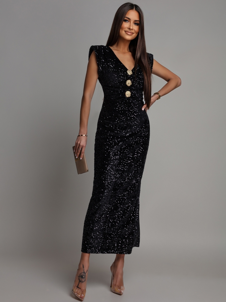 Sukienka midi  z ozdobnymi broszkami cekinowa czarna