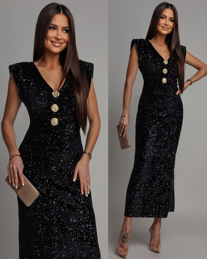 Sukienka midi  z ozdobnymi broszkami cekinowa czarna
