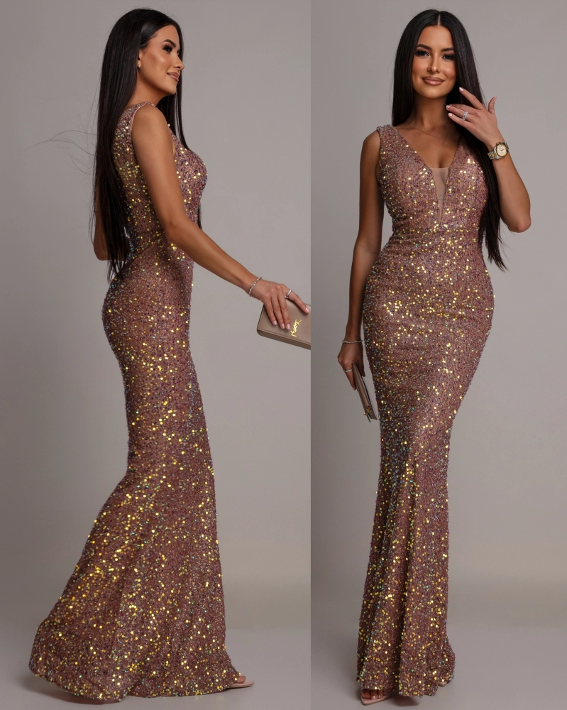 Elegancka sukienka maxi z cekinami na ramiączkach klasyczna ciemno złota PREMIUM