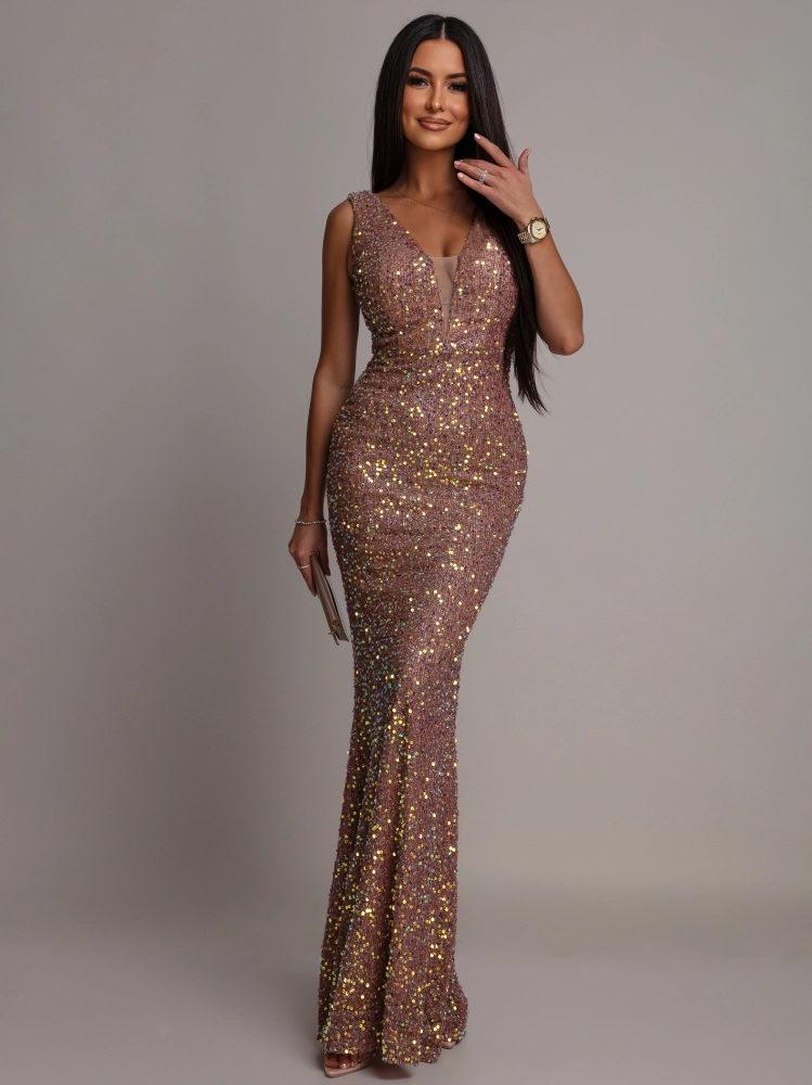 Elegancka sukienka maxi z cekinami na ramiączkach klasyczna ciemno złota PREMIUM