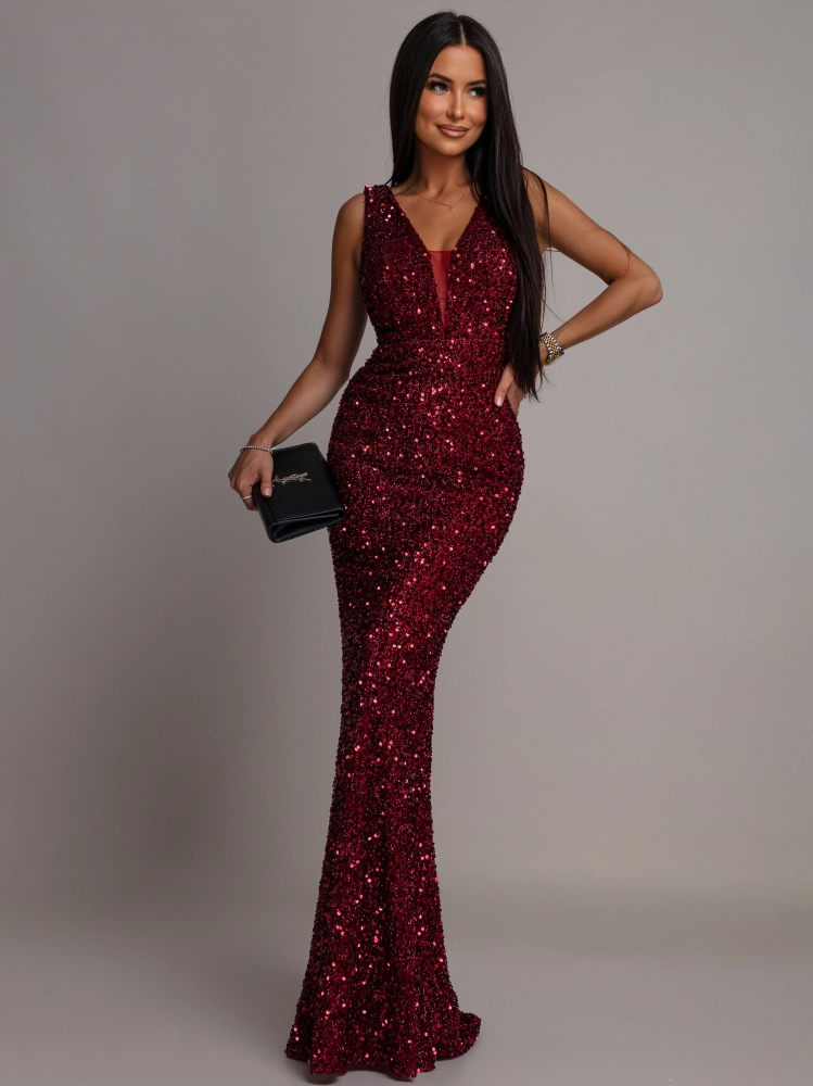 Elegancka sukienka maxi z cekinami na ramiączkach klasyczna ciemno bordowa PREMIUM
