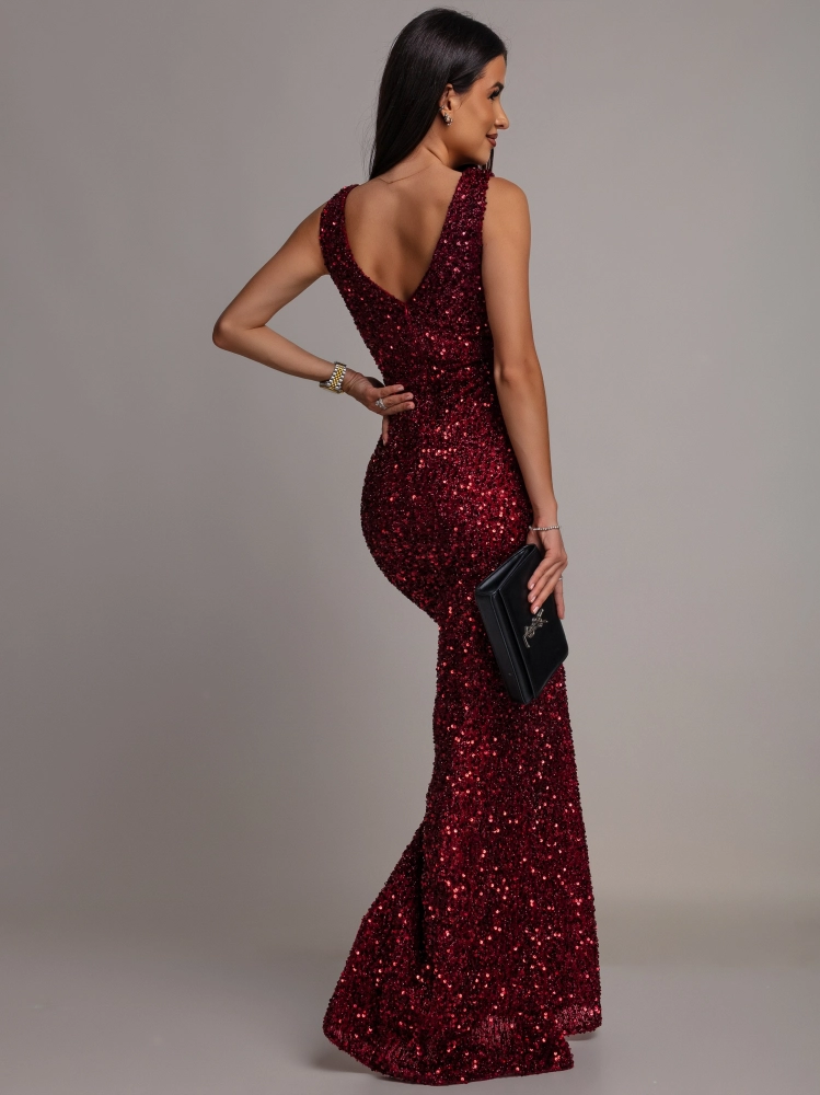 Elegancka sukienka maxi z cekinami na ramiączkach klasyczna ciemno bordowa PREMIUM