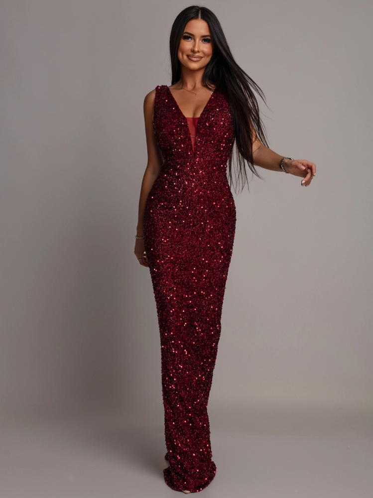 Elegancka sukienka maxi z cekinami na ramiączkach klasyczna ciemno bordowa PREMIUM