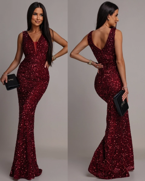 Elegancka sukienka maxi z cekinami na ramiączkach klasyczna ciemno bordowa PREMIUM