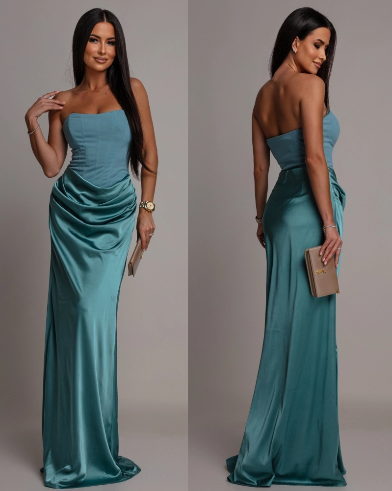 Elegancka sukienka maxi gorsetowa satynowa szałwia PREMIUM