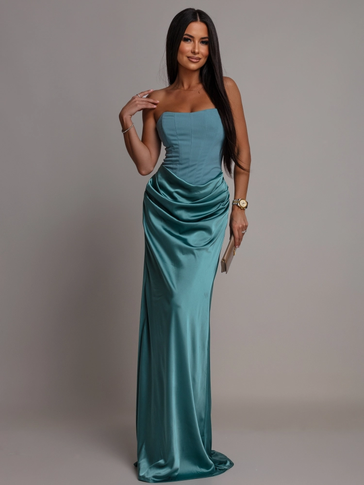 Elegancka sukienka maxi gorsetowa satynowa szałwia PREMIUM