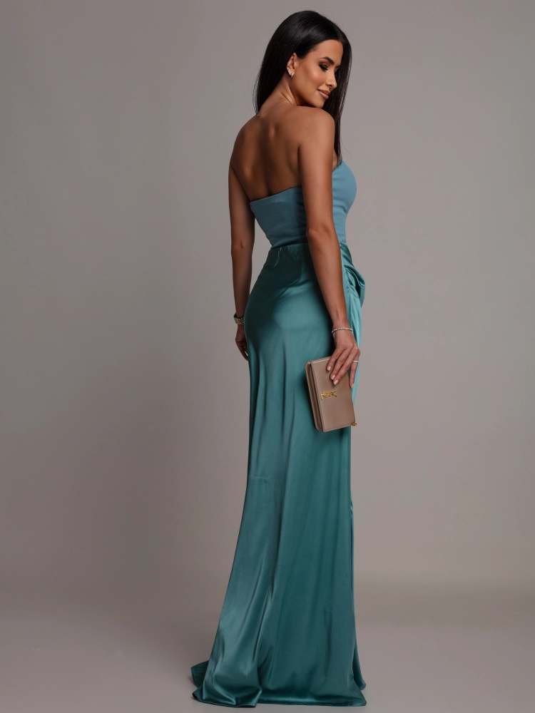 Elegancka sukienka maxi gorsetowa satynowa szałwia PREMIUM