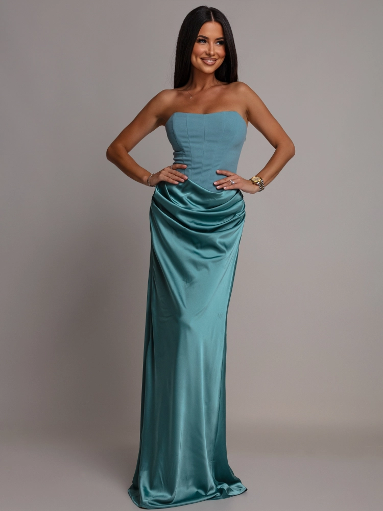 Elegancka sukienka maxi gorsetowa satynowa szałwia PREMIUM