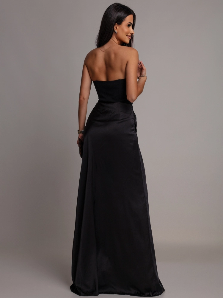 Elegancka sukienka maxi gorsetowa satynowa czarna PREMIUM
