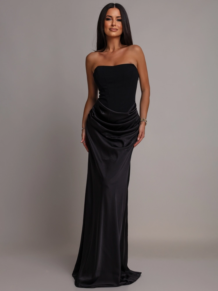 Elegancka sukienka maxi gorsetowa satynowa czarna PREMIUM