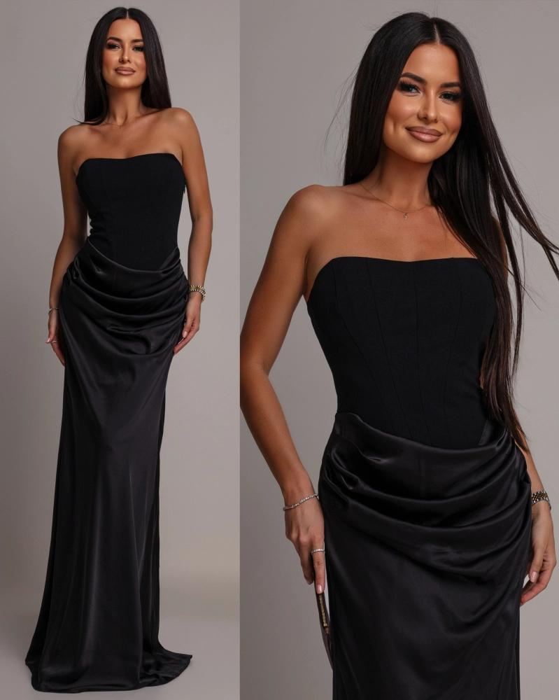 Elegancka sukienka maxi gorsetowa satynowa czarna PREMIUM