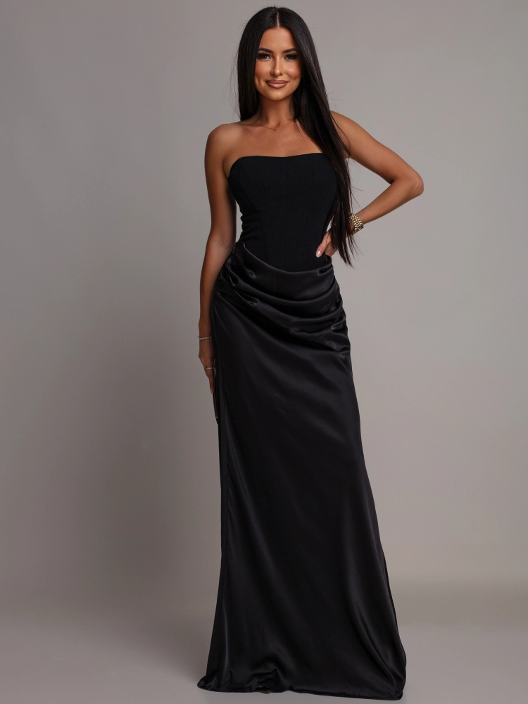 Elegancka sukienka maxi gorsetowa satynowa czarna PREMIUM