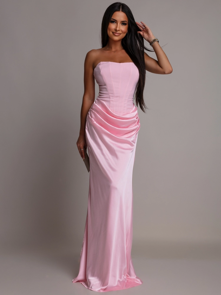 Elegancka sukienka maxi gorsetowa satynowa różowa PREMIUM