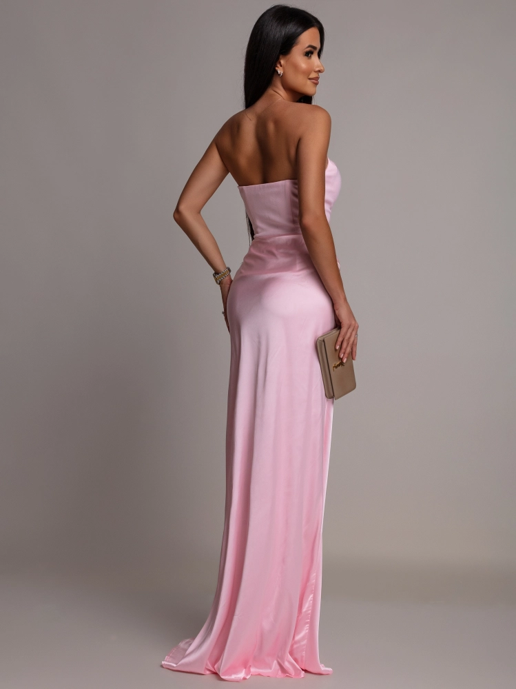 Elegancka sukienka maxi gorsetowa satynowa różowa PREMIUM