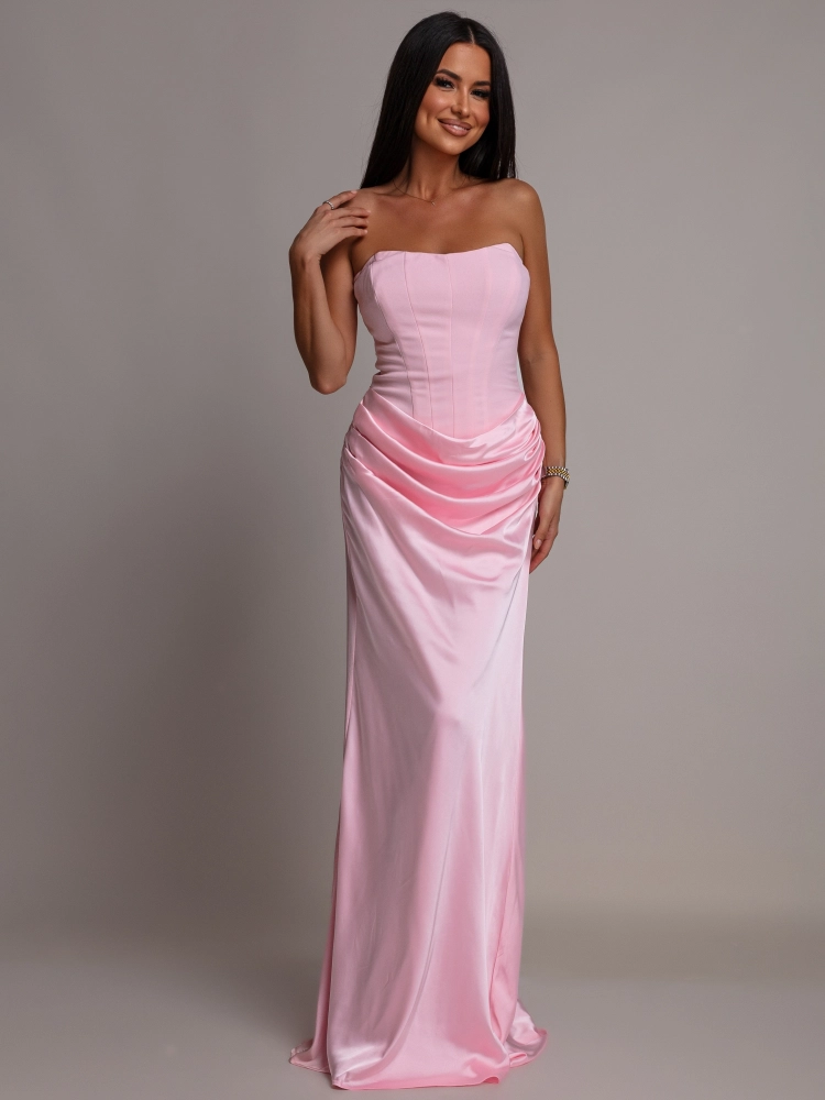 Elegancka sukienka maxi gorsetowa satynowa różowa PREMIUM
