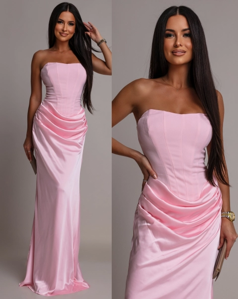 Elegancka sukienka maxi gorsetowa satynowa różowa PREMIUM
