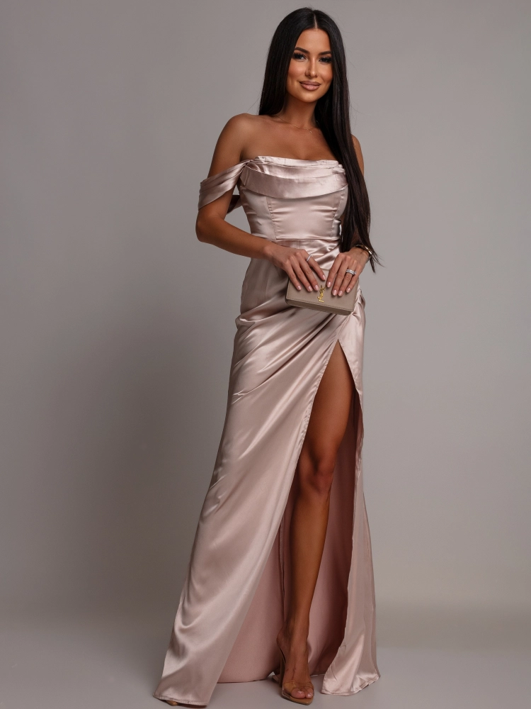 Elegancka sukienka maxi satynowa z opadającymi ramiączkami złota PREMIUM