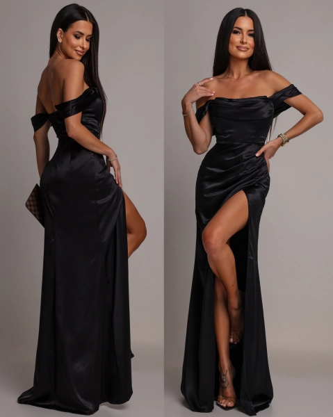 Elegancka sukienka maxi satynowa z opadającymi ramiączkami czarna PREMIUM