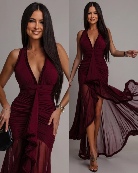 Sukienka marszczona wiązana na szyi bordowa PREMIUM