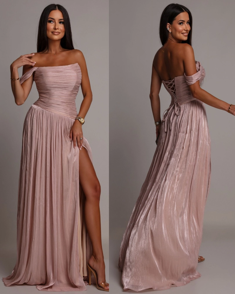 Elegancka suknia plisowana gorsetowa szampańska PREMIUM