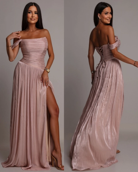 Elegancka suknia plisowana gorsetowa szampańska PREMIUM