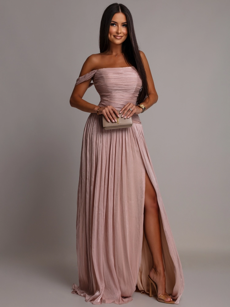 Elegancka suknia plisowana gorsetowa szampańska PREMIUM