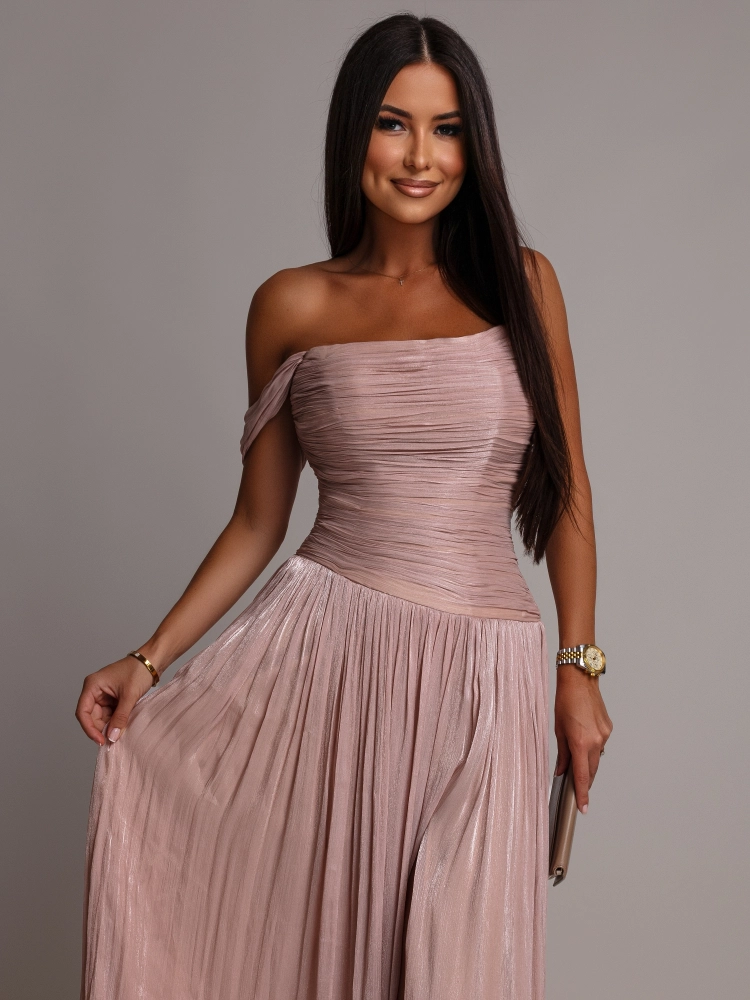 Elegancka suknia plisowana gorsetowa szampańska PREMIUM