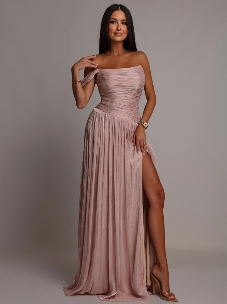 Elegancka suknia plisowana gorsetowa szampańska PREMIUM