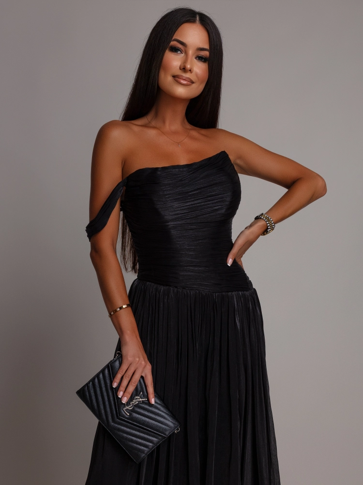 Elegancka suknia plisowana gorsetowa czarna PREMIUM