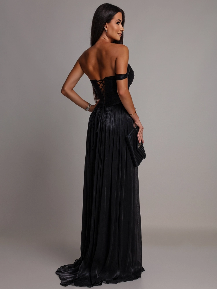Elegancka suknia plisowana gorsetowa czarna PREMIUM