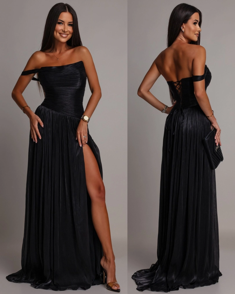 Elegancka suknia plisowana gorsetowa czarna PREMIUM