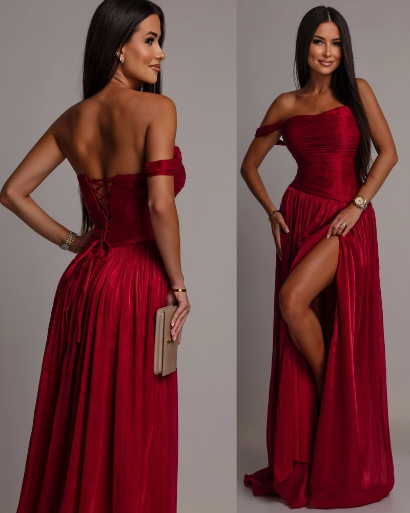 Elegancka suknia plisowana gorsetowa bordowa PREMIUM