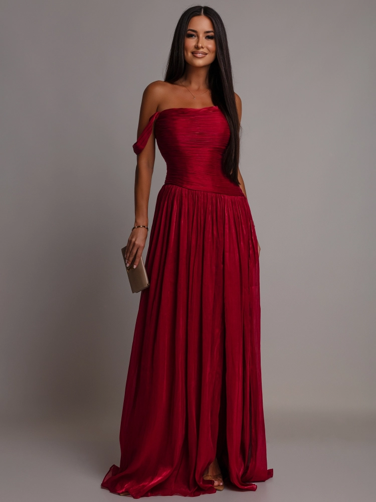 Elegancka suknia plisowana gorsetowa bordowa PREMIUM