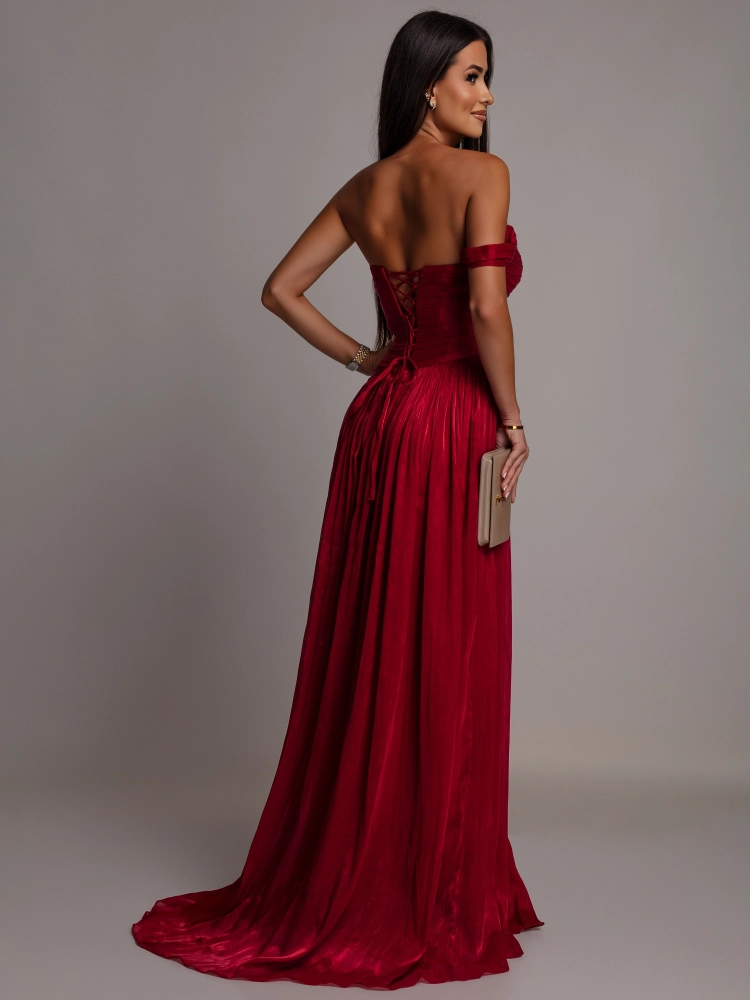 Elegancka suknia plisowana gorsetowa bordowa PREMIUM