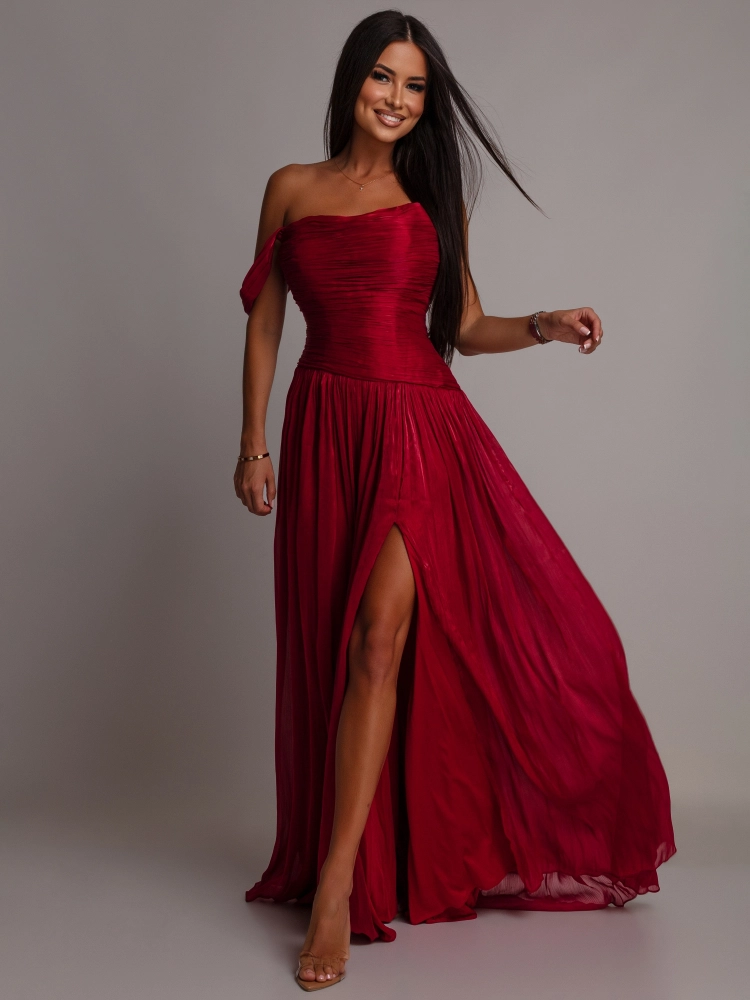 Elegancka suknia plisowana gorsetowa bordowa PREMIUM
