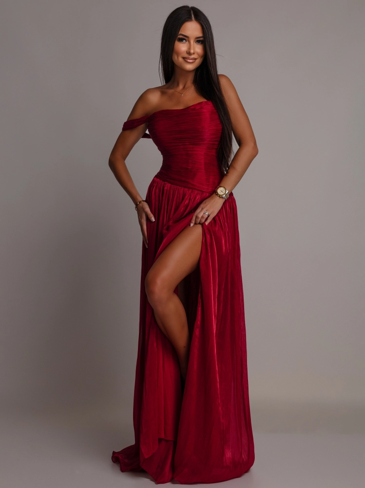 Elegancka suknia plisowana gorsetowa bordowa PREMIUM