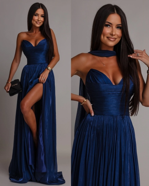 Elegancka suknia plisowana gorsetowa granatowa PREMIUM