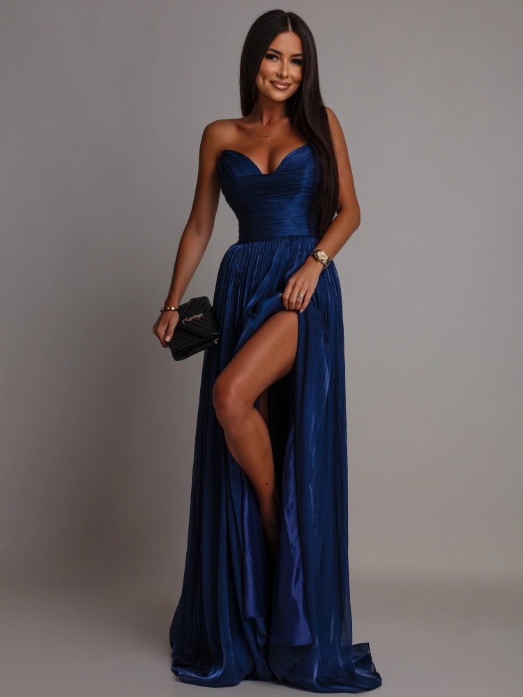 Elegancka suknia plisowana gorsetowa granatowa PREMIUM