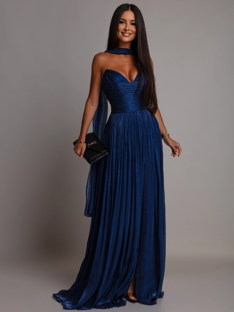 Elegancka suknia plisowana gorsetowa granatowa PREMIUM
