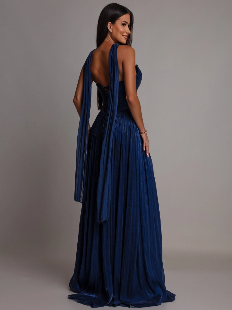 Elegancka suknia plisowana gorsetowa granatowa PREMIUM