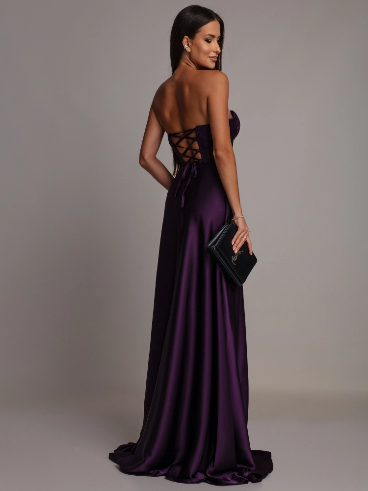 Elegancka sukienka maxi wiązana na plecach satynowa fioletowa PREMIUM